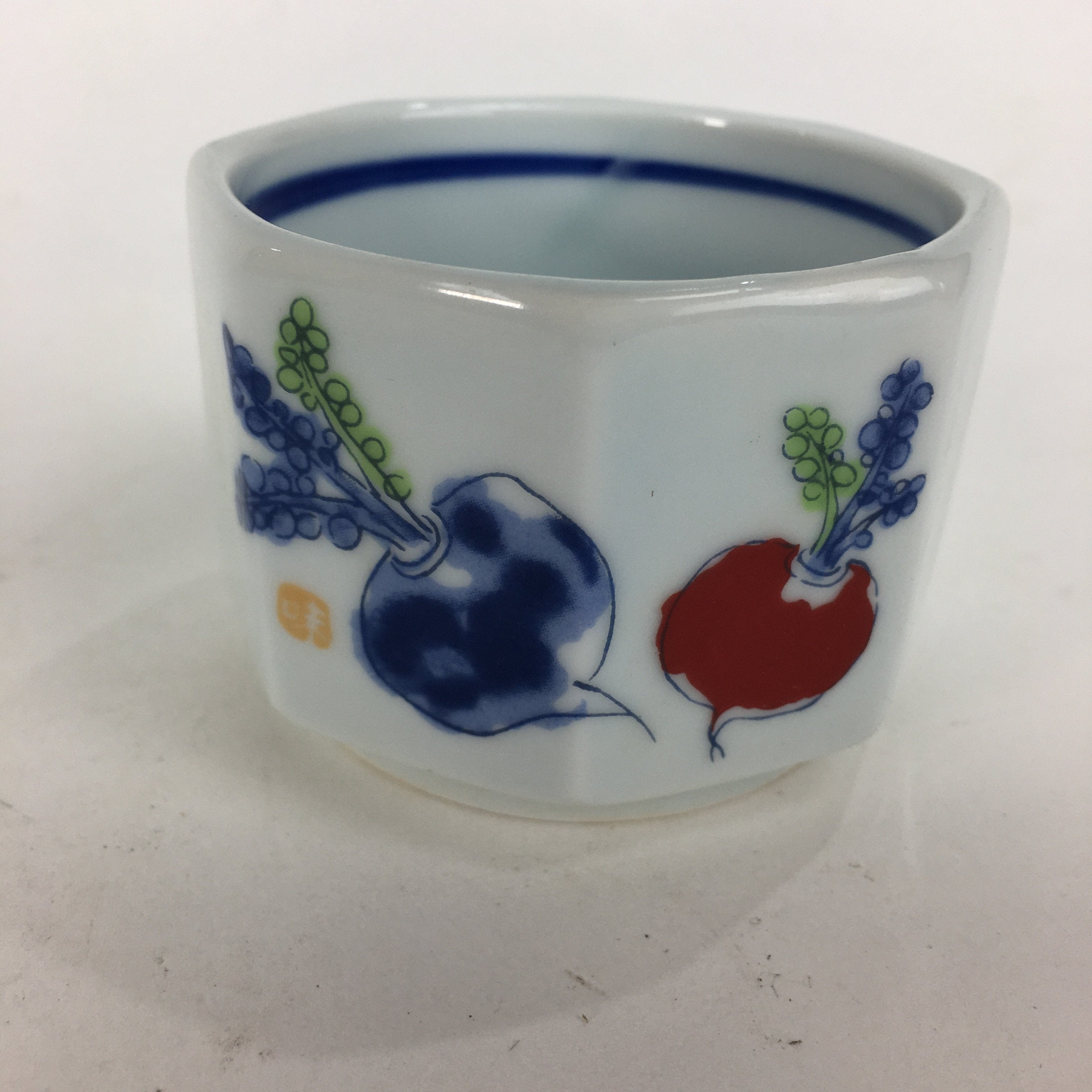 Japanese Porcelain Small Bowl Kobachi Vtg Octagon Shape Blue Red Radish PP675