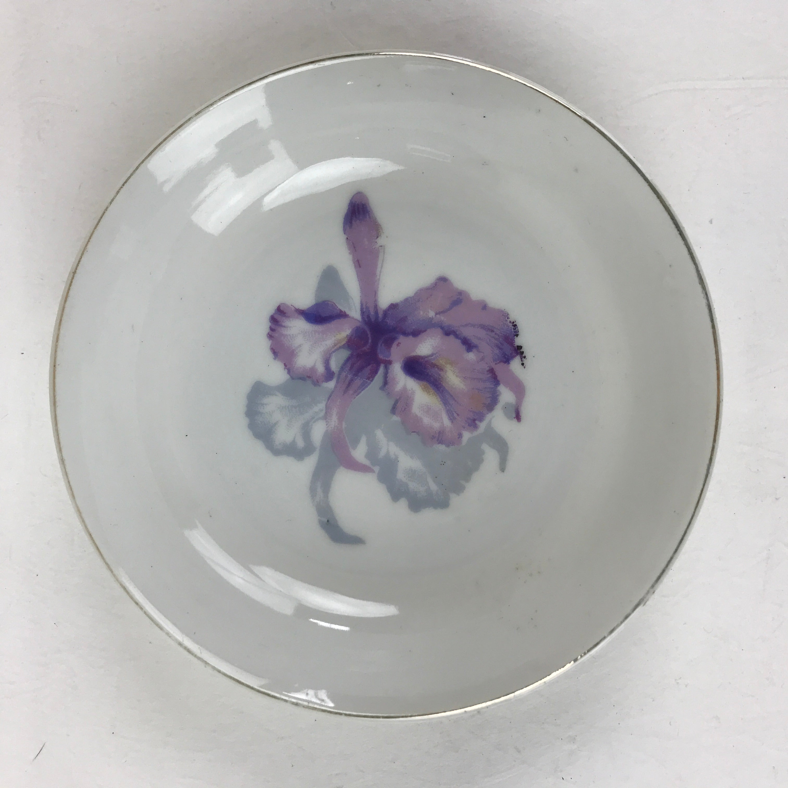 Japanese Porcelain Small Bowl Side Plate Vtg Purple Iris white Kobachi Kozara P