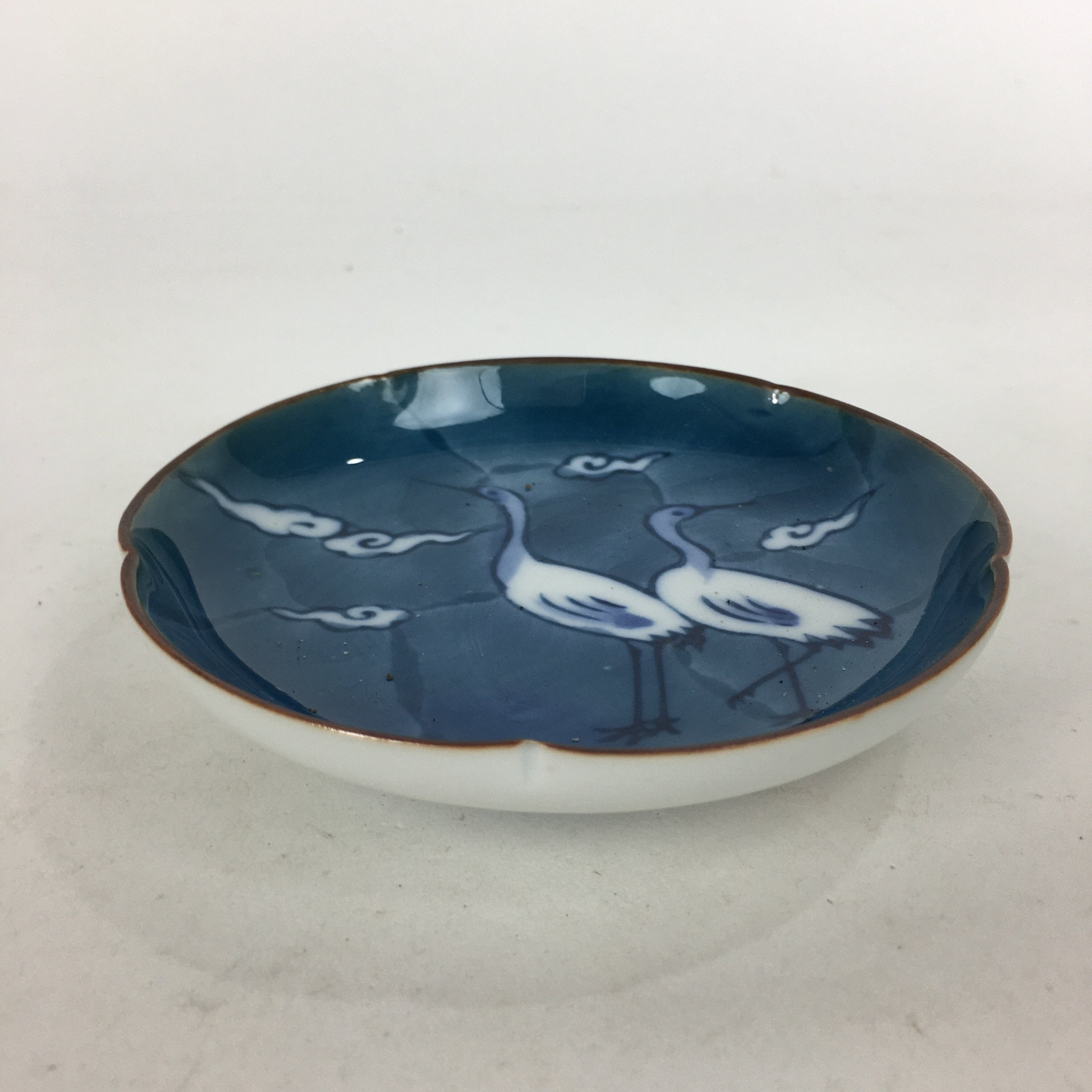 Japanese Porcelain Small Plate Kozara Vtg Round Pottery Blue Cloud Crane PP634