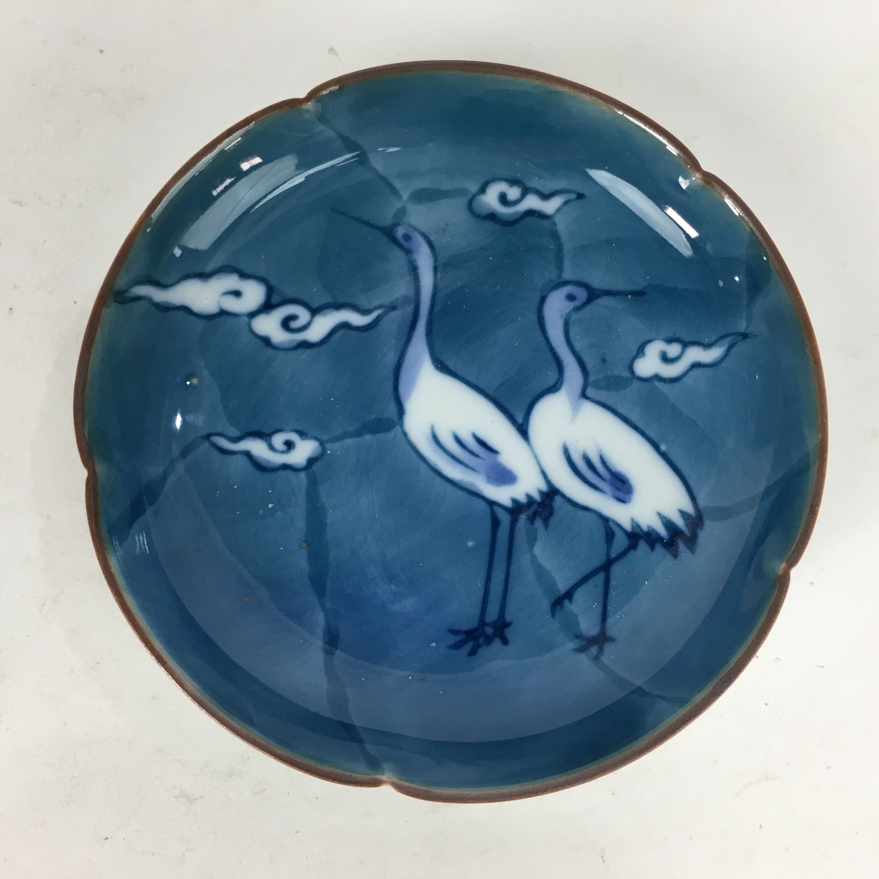 Japanese Porcelain Small Plate Kozara Vtg Round Pottery Blue Cloud Crane PP634