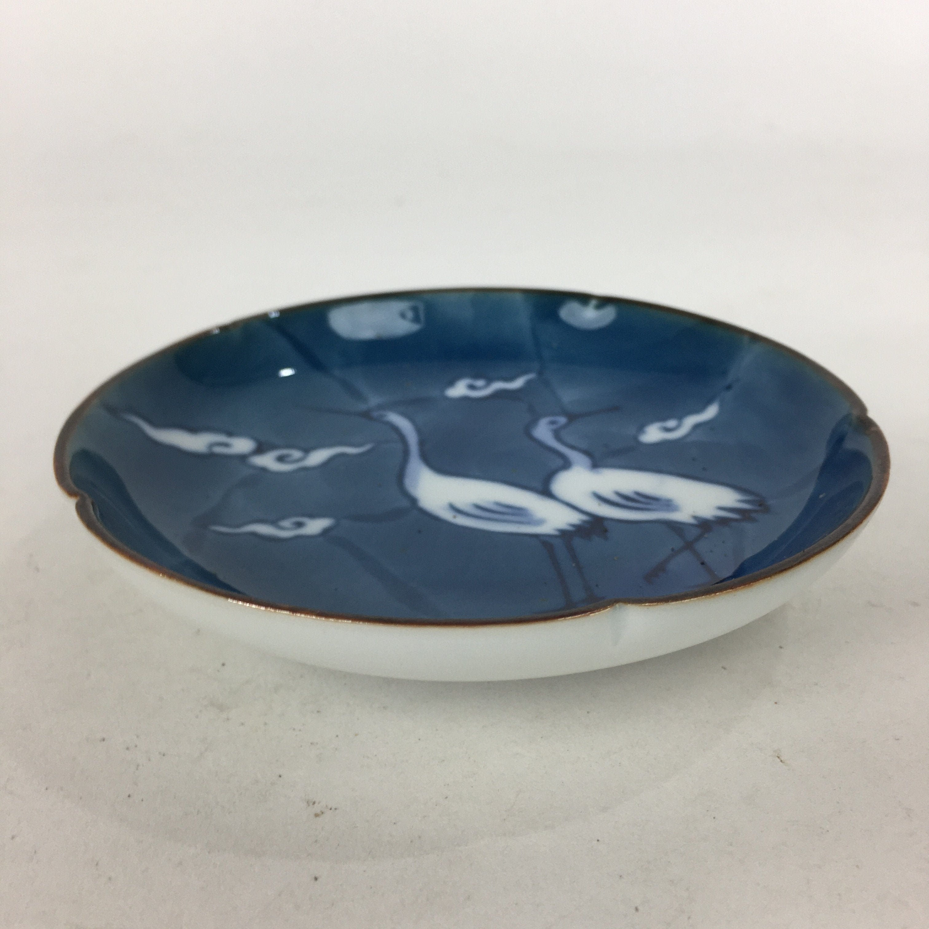 Japanese Porcelain Small Plate Kozara Vtg Round Pottery Blue Cloud Crane PP635