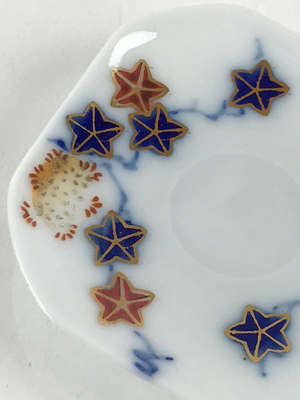 Japanese Porcelain Small Plate Mame-Zara Vtg Blue Red Stars Kozara White PY232