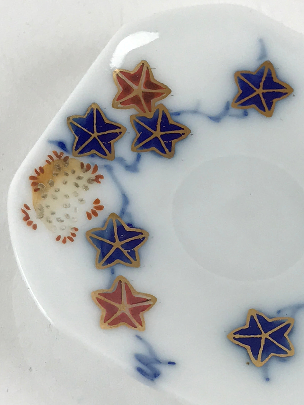 Japanese Porcelain Small Plate Mame-Zara Vtg Blue Red Stars Kozara White PY232