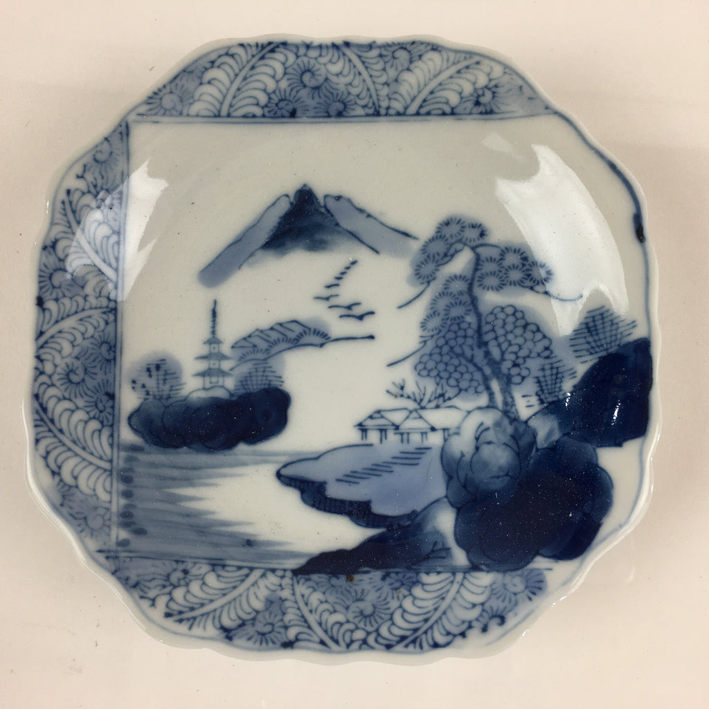 Japanese Porcelain Small Plate Vtg Landscape Of Mountain Village White Blue PY60