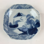 Japanese Porcelain Small Plate Vtg Landscape Of Mountain Village White Blue PY61