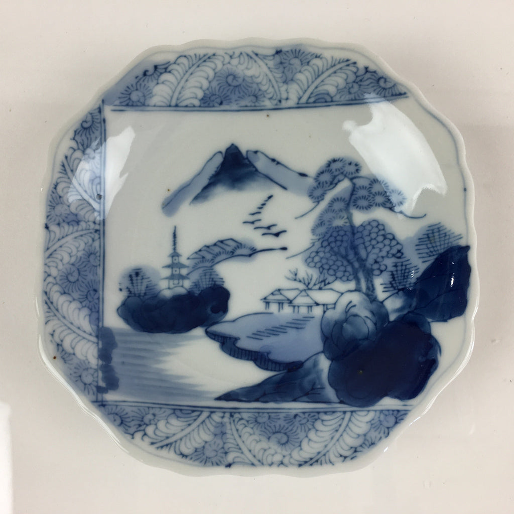 Japanese Porcelain Small Plate Vtg Landscape Of Mountain Village White Blue PY63