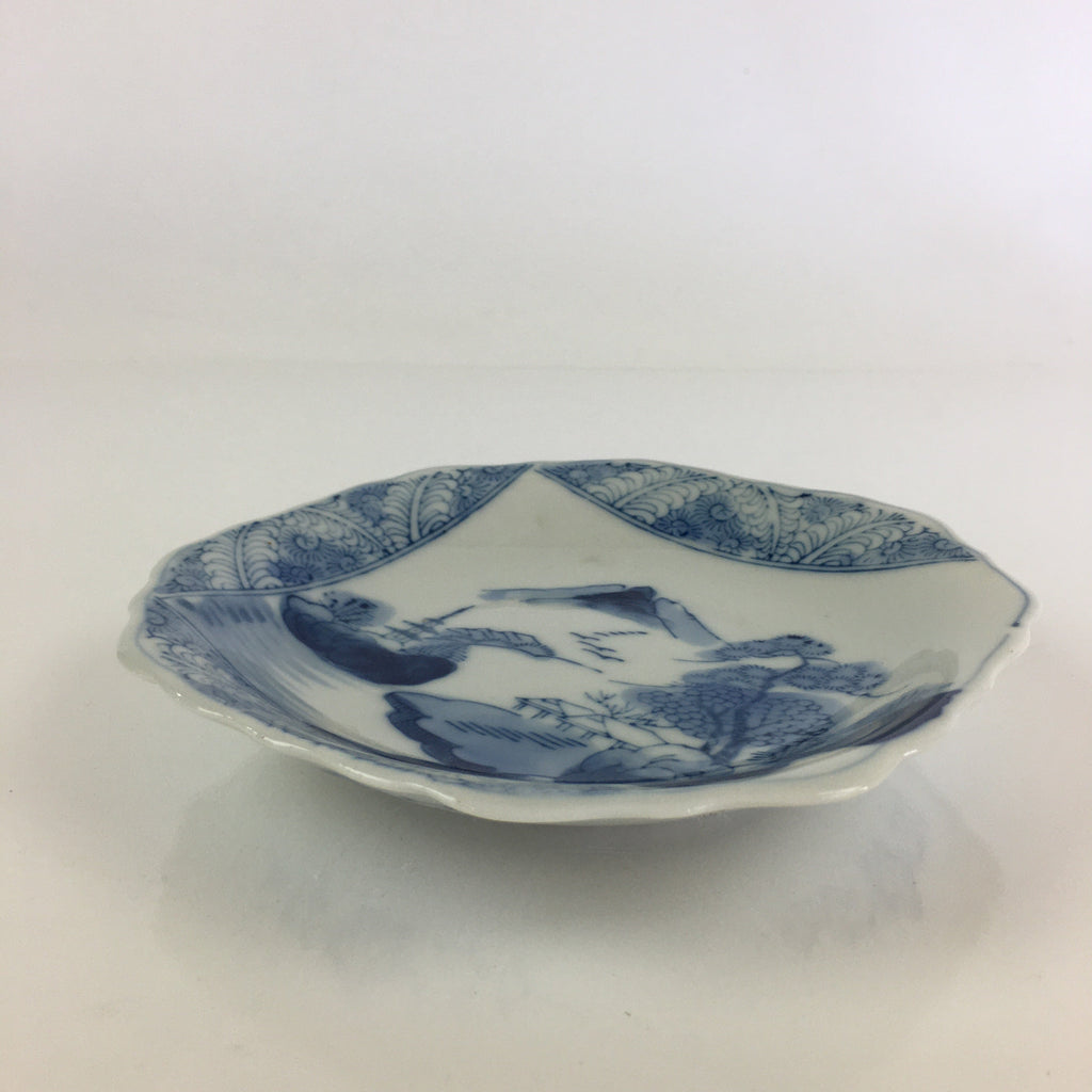 Japanese Porcelain Small Plate Vtg Landscape Of Mountain Village White Blue PY66