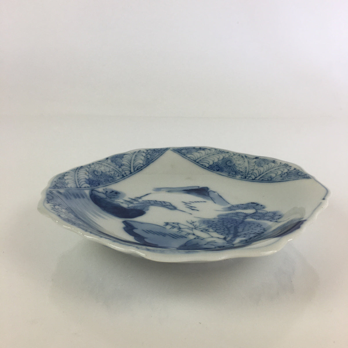 Japanese Porcelain Small Plate Vtg Landscape Of Mountain Village White Blue PY66