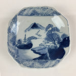 Japanese Porcelain Small Plate Vtg Landscape Of Mountain Village White Blue PY66