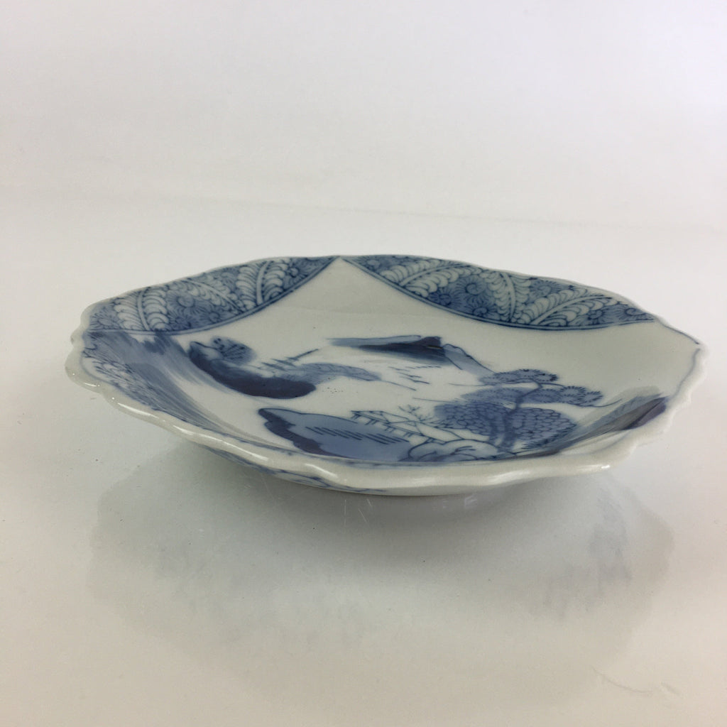 Japanese Porcelain Small Plate Vtg Landscape Of Mountain Village White Blue PY69