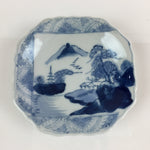 Japanese Porcelain Small Plate Vtg Landscape Of Mountain Village White Blue PY75
