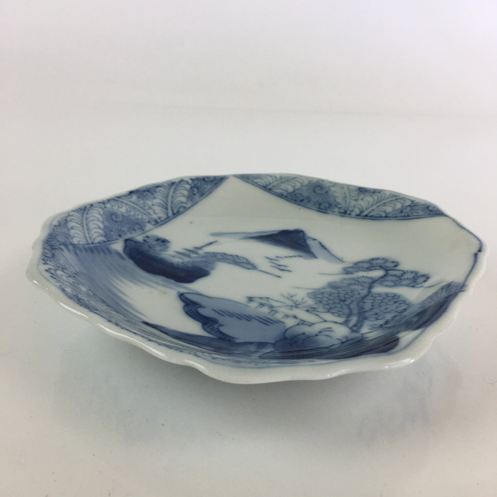 Japanese Porcelain Small Plate Vtg Landscape Of Mountain Village White Blue PY79