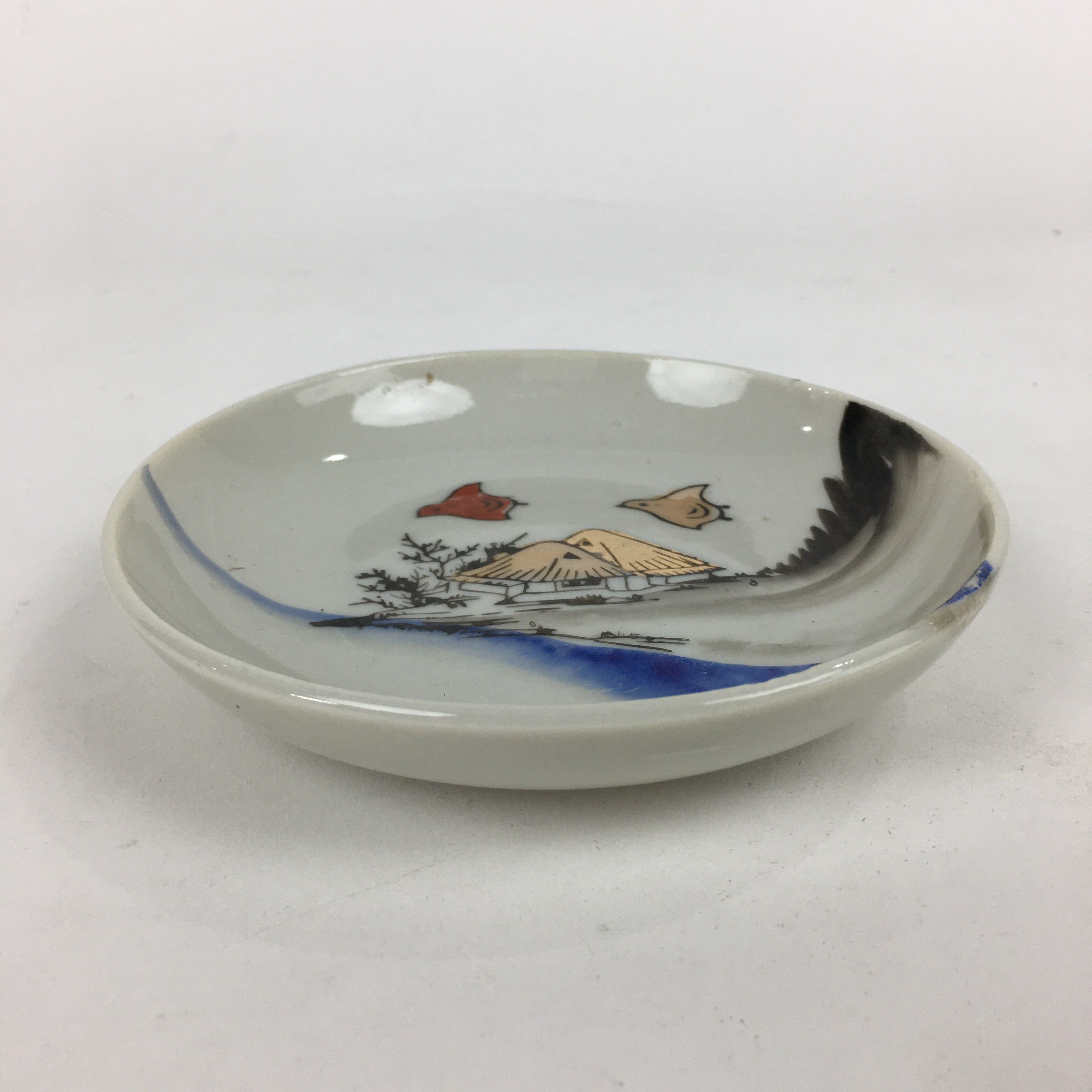 Japanese Porcelain Small Plate Vtg Pottery Countryside House Birds Kozara PP896