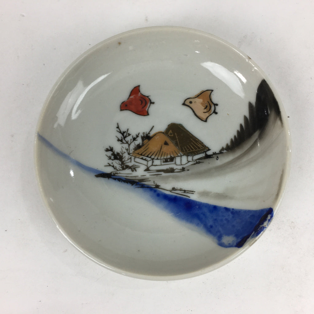 Japanese Porcelain Small Plate Vtg Pottery Countryside House Birds Kozara PP896