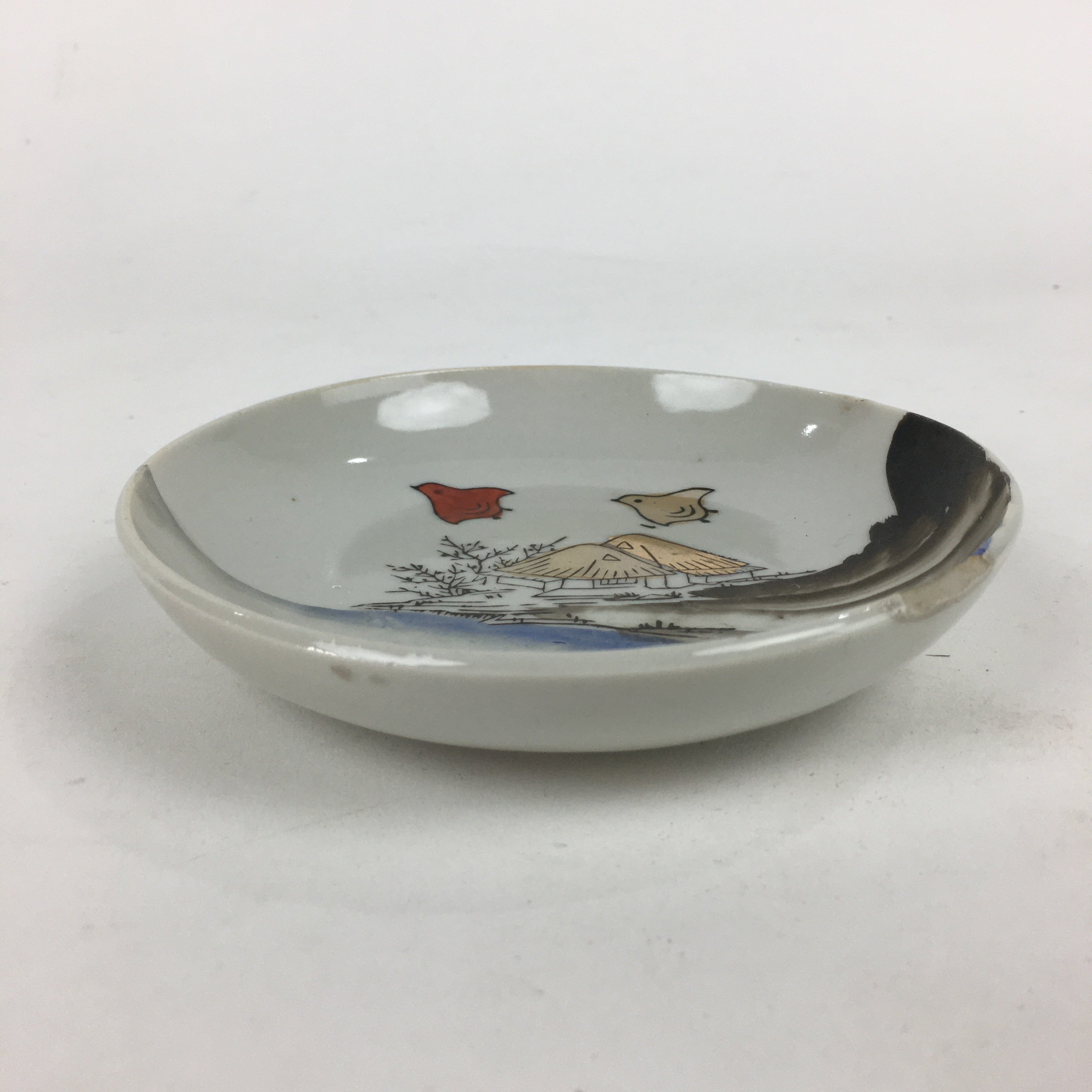 Japanese Porcelain Small Plate Vtg Pottery Countryside House Birds Kozara PP897