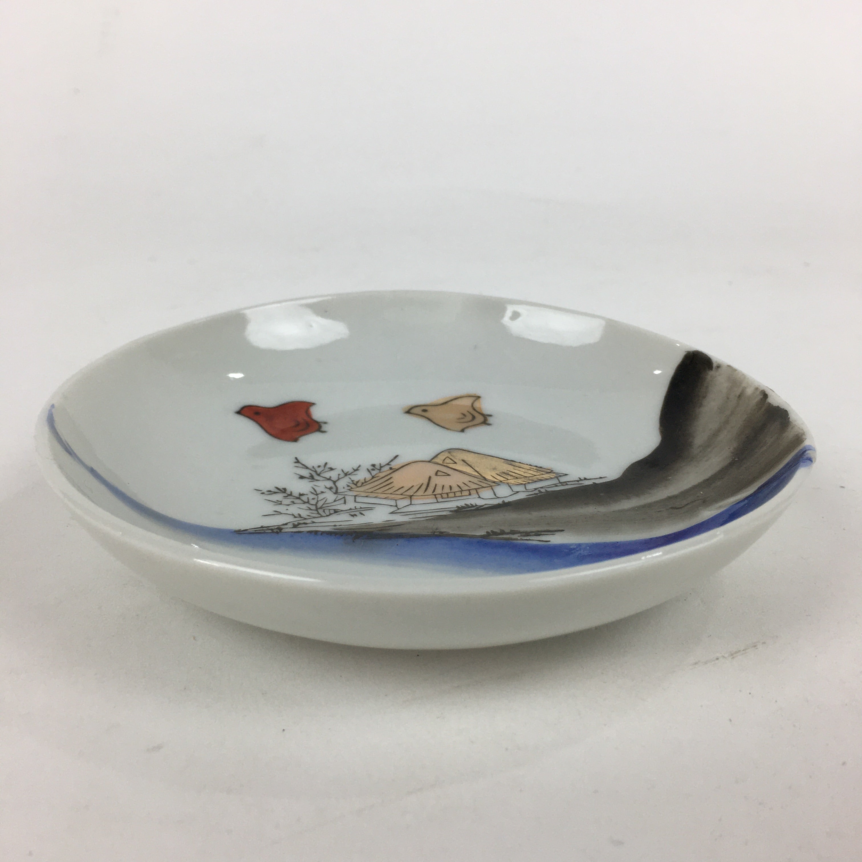 Japanese Porcelain Small Plate Vtg Pottery Countryside House Birds Kozara PP898