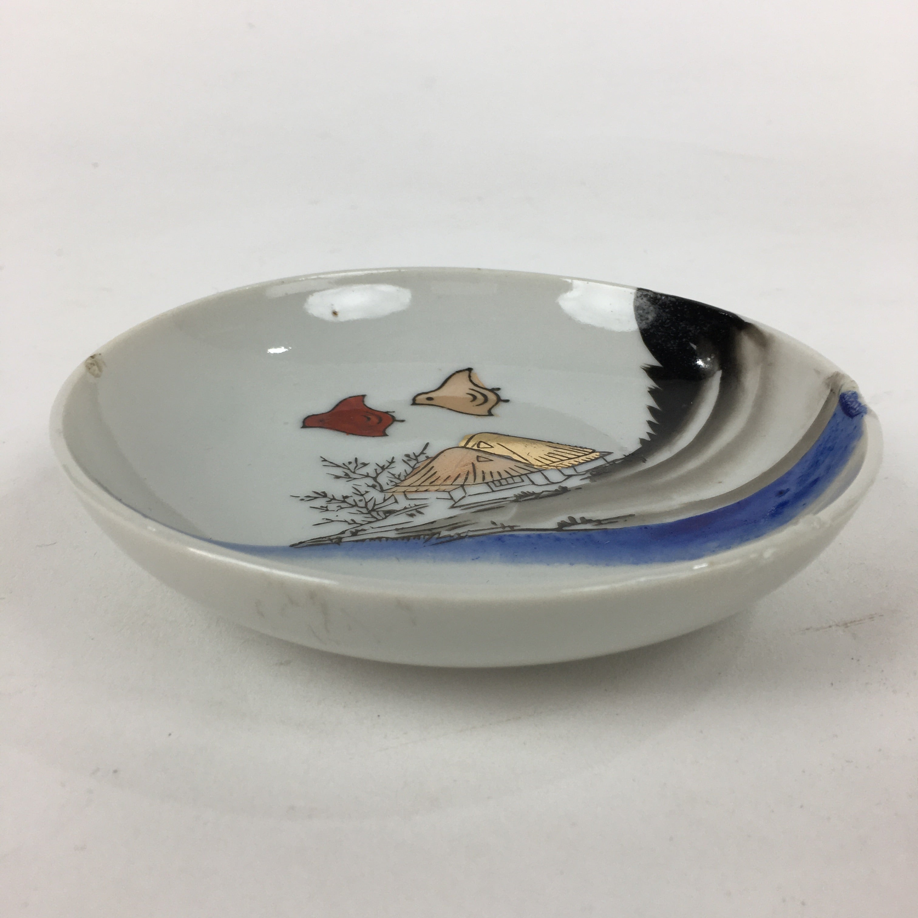 Japanese Porcelain Small Plate Vtg Pottery Countryside House Birds Kozara PP899