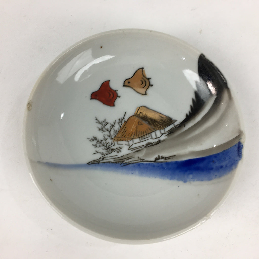 Japanese Porcelain Small Plate Vtg Pottery Countryside House Birds Kozara PP899