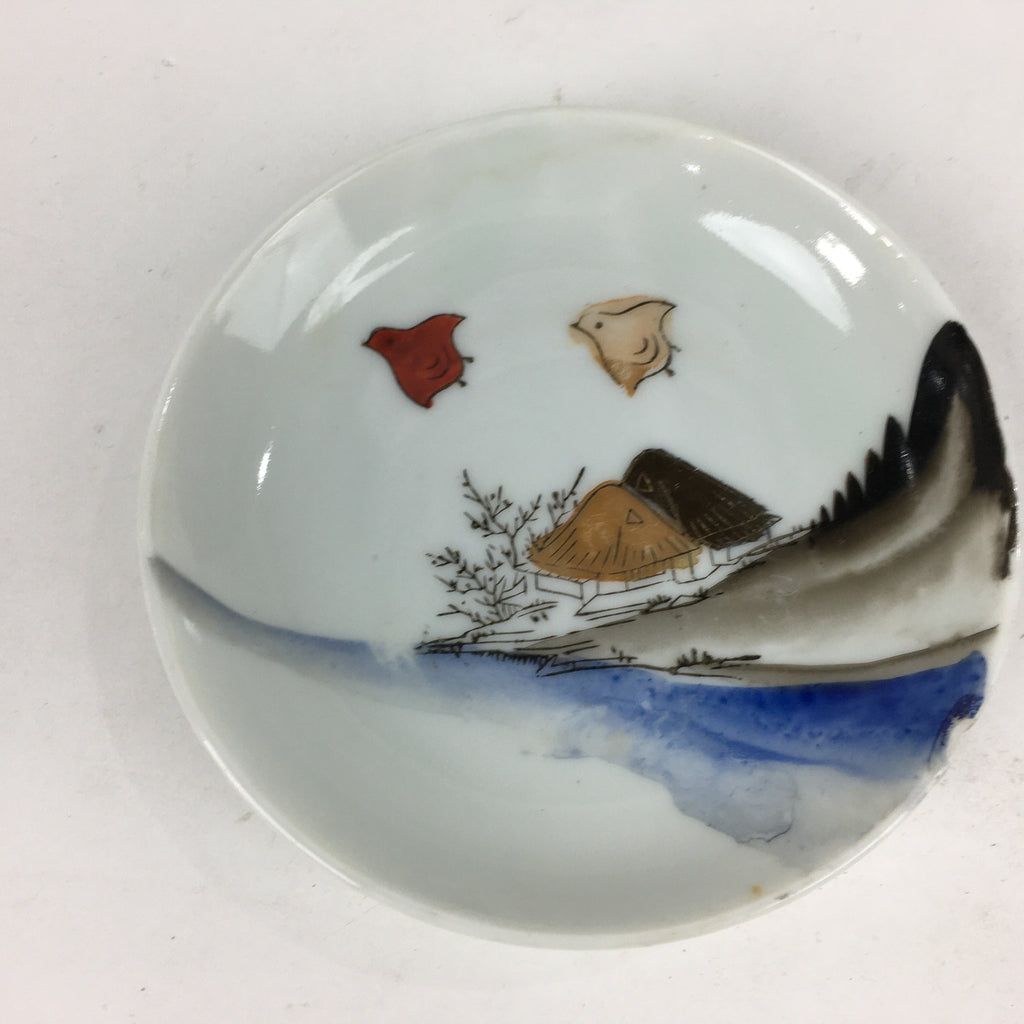 Japanese Porcelain Small Plate Vtg Pottery Countryside House Birds Kozara PP900