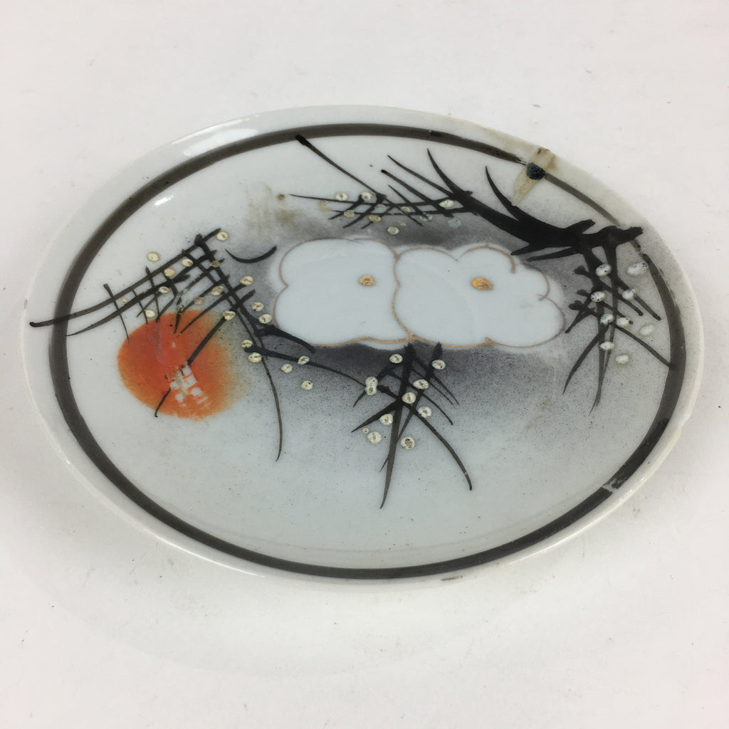 Japanese Porcelain Small Plate Vtg White Plum Blossom Hand Drawn Picture PY32