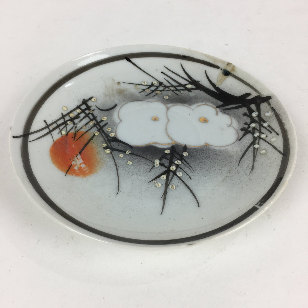 Japanese Porcelain Small Plate Vtg White Plum Blossom Hand Drawn Picture PY32