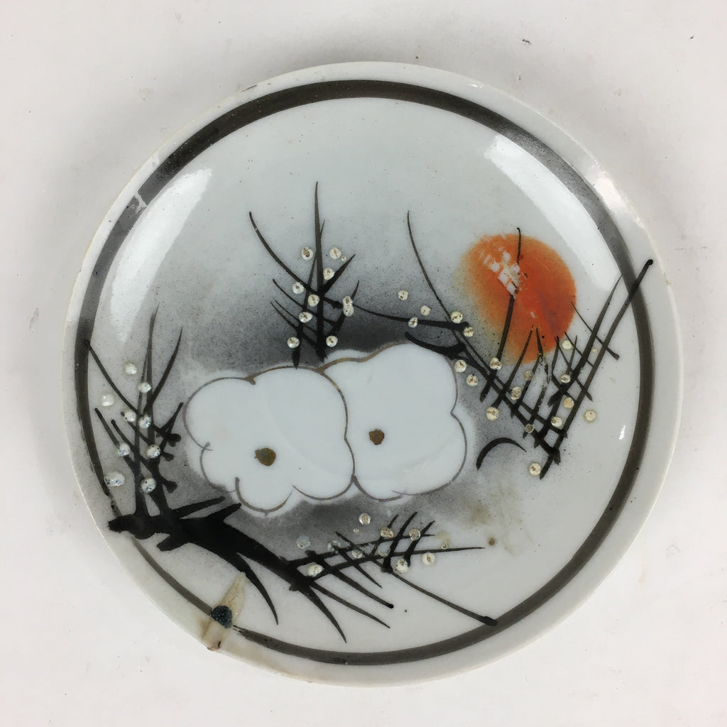 Japanese Porcelain Small Plate Vtg White Plum Blossom Hand Drawn Picture PY32