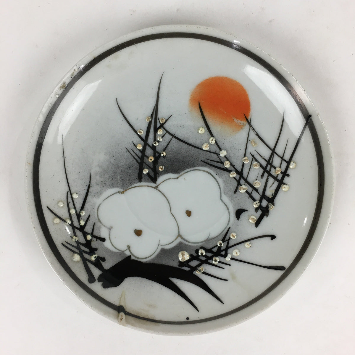 Japanese Porcelain Small Plate Vtg White Plum Blossom Hand Drawn Picture PY33