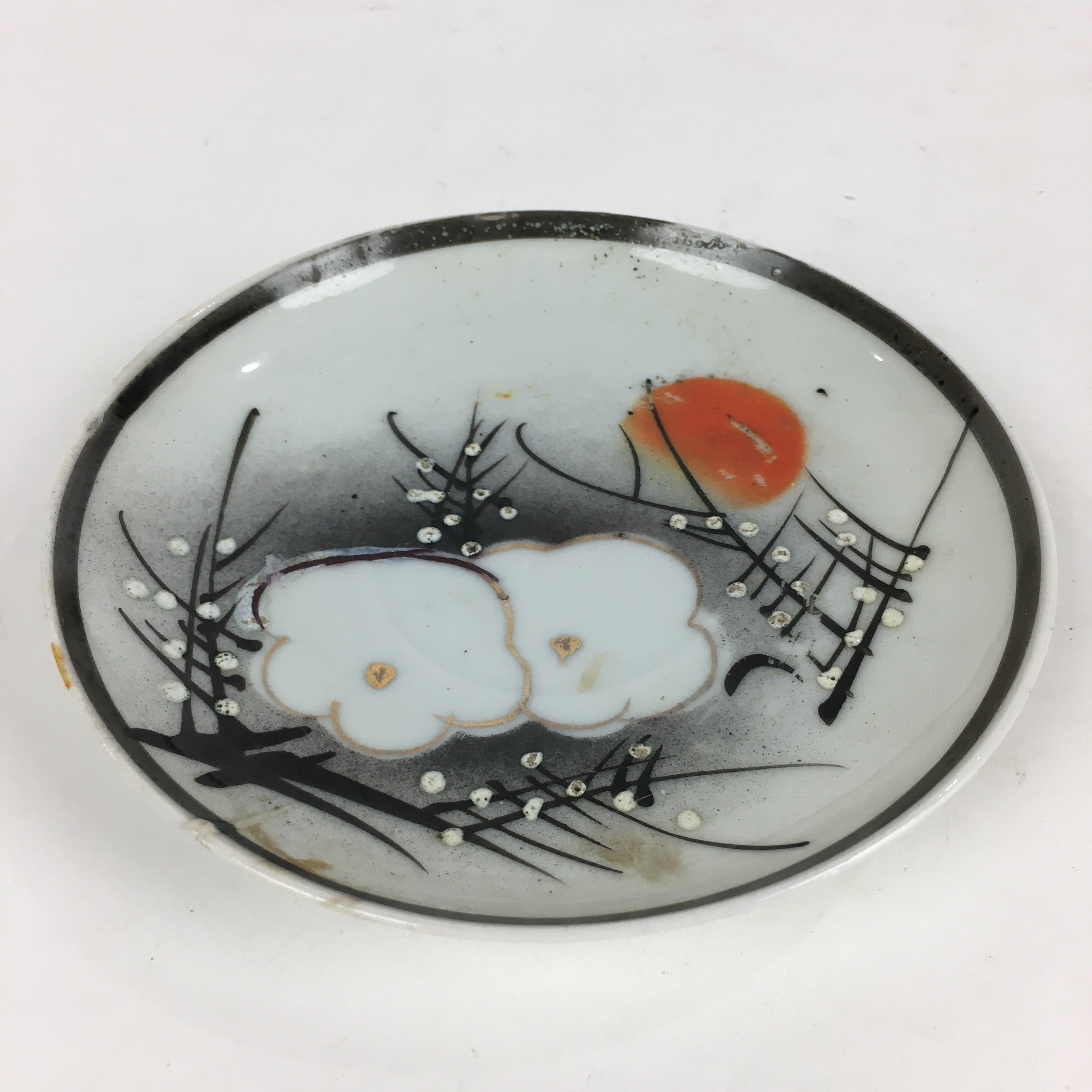Japanese Porcelain Small Plate Vtg White Plum Blossom Hand Drawn Picture PY36