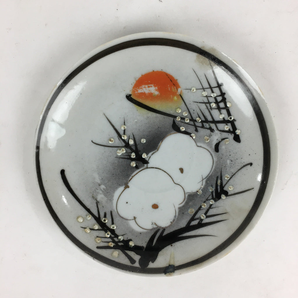 Japanese Porcelain Small Plate Vtg White Plum Blossom Hand Drawn Picture PY39