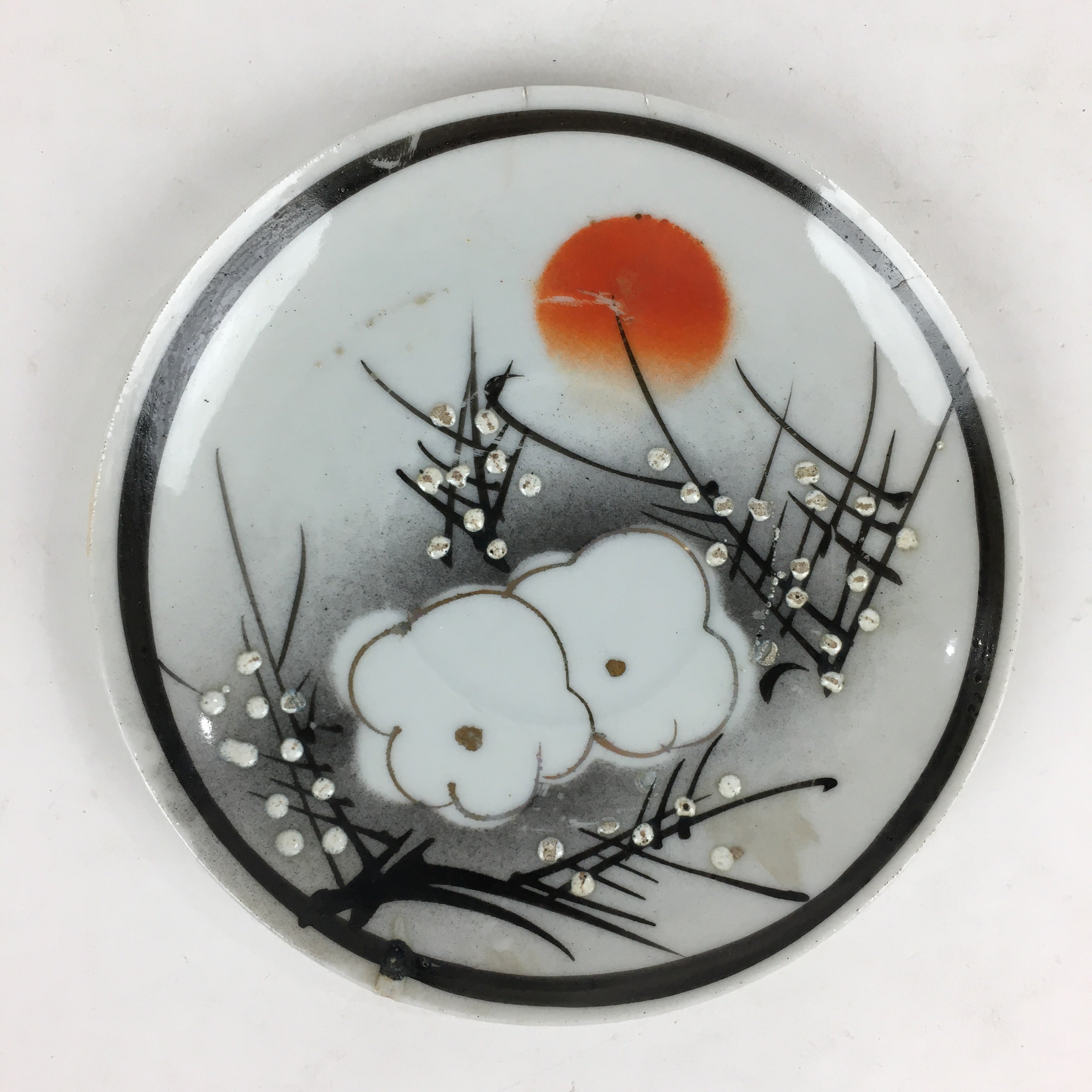 Japanese Porcelain Small Plate Vtg White Plum Blossom Hand Drawn Picture PY40
