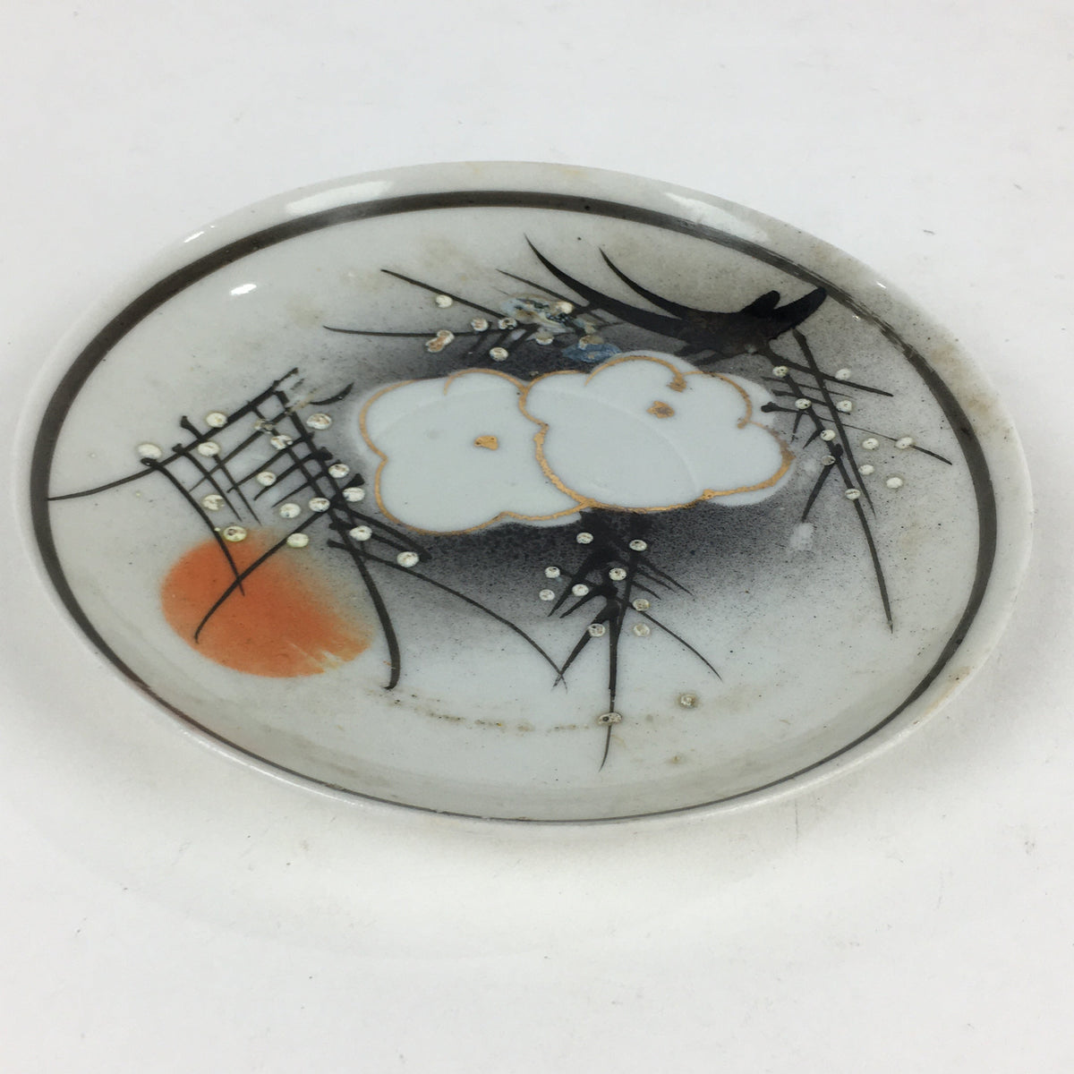 Japanese Porcelain Small Plate Vtg White Plum Blossom Hand Drawn Picture PY42