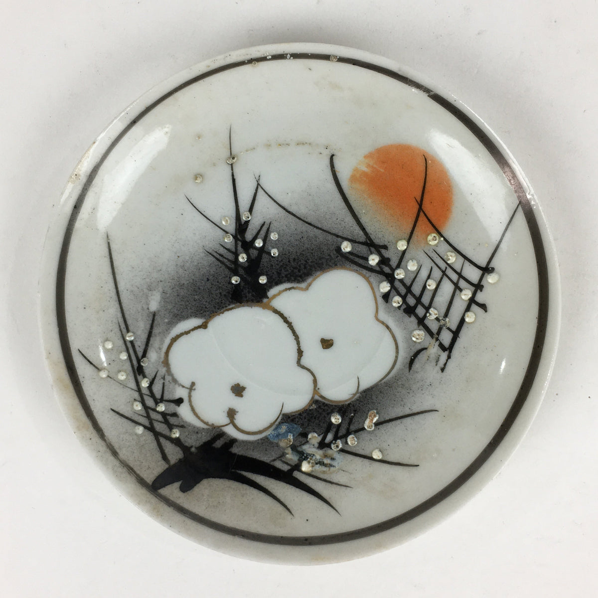 Japanese Porcelain Small Plate Vtg White Plum Blossom Hand Drawn Picture PY42