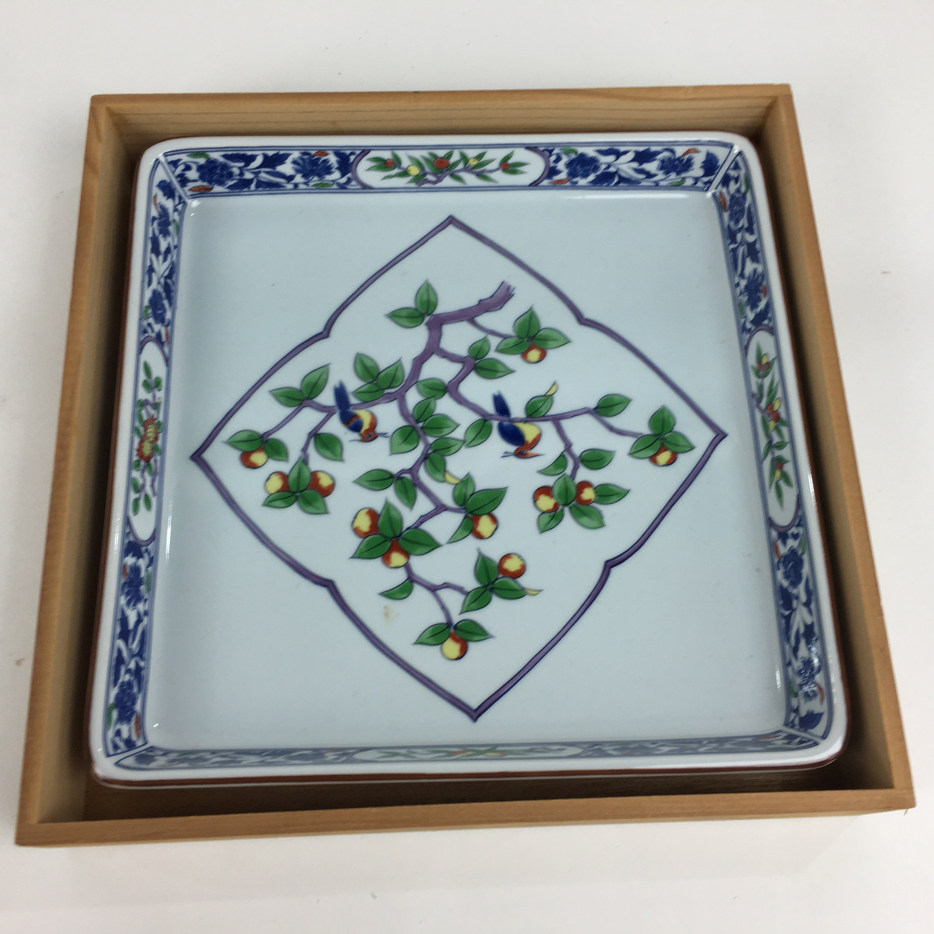 Japanese Porcelain Sometsuke Plate Vtg Tachikichi Square Boxed Birds PX591