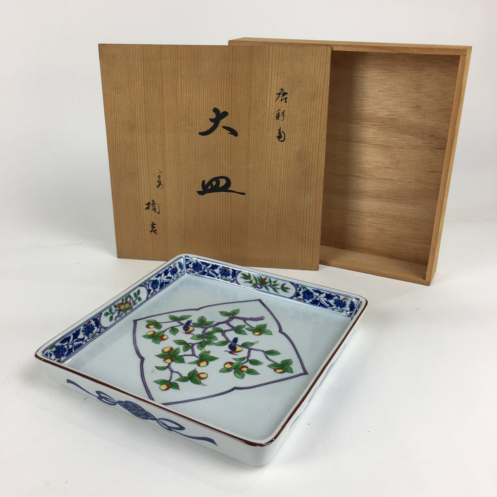 Japanese Porcelain Sometsuke Plate Vtg Tachikichi Square Boxed Birds PX591