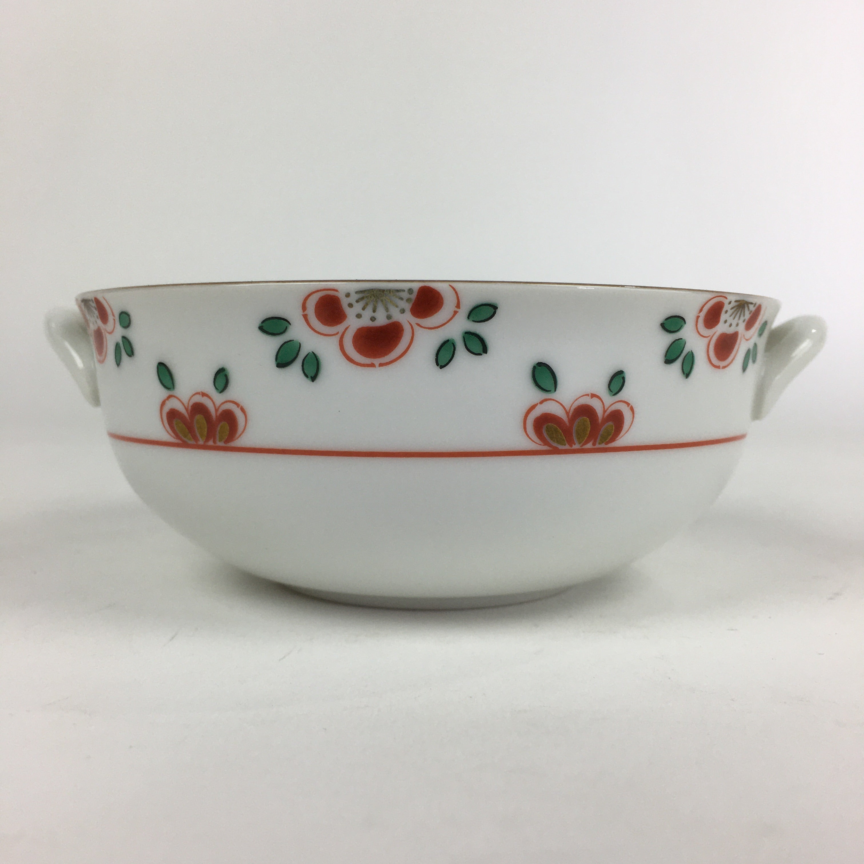 Japanese Porcelain Soup Bowl Vtg Tachikichi Round Handles Flower PP927