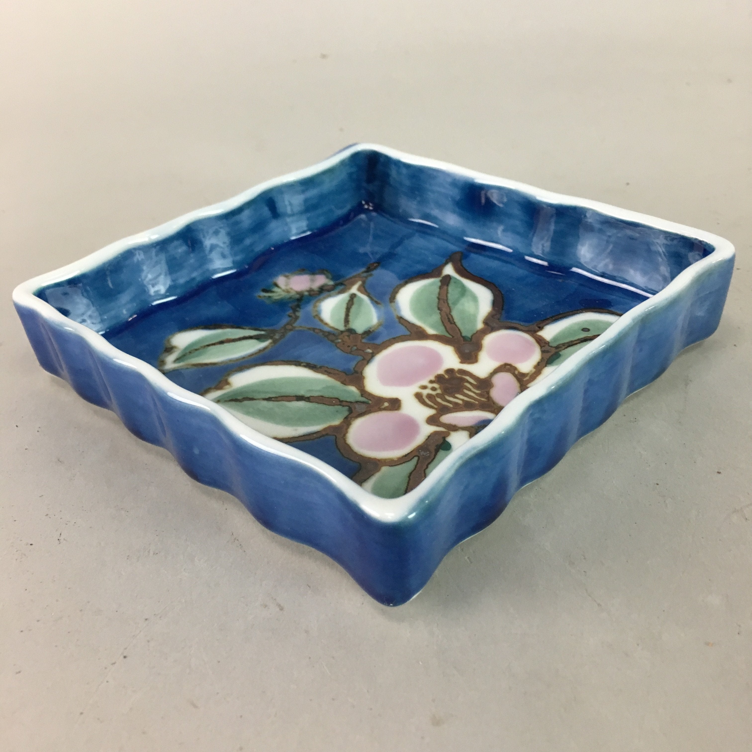 Japanese Porcelain Square Plate Vtg Kozara Blue Green Pink Floral Design QT46