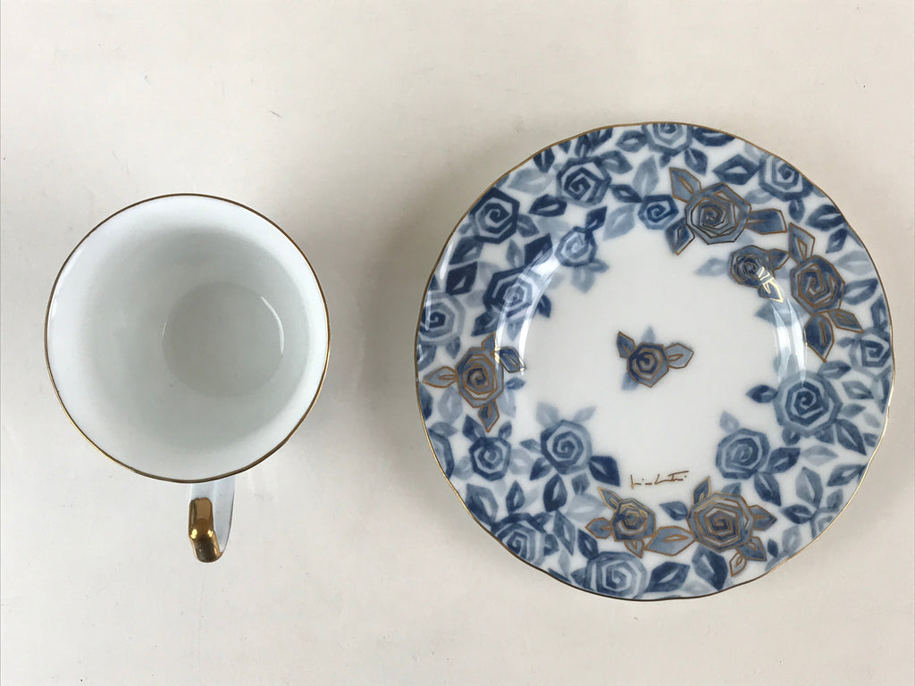 Japanese Porcelain Teacup Mug Saucer Set Vtg Tachikichi Inc Japan Blue Flower PY