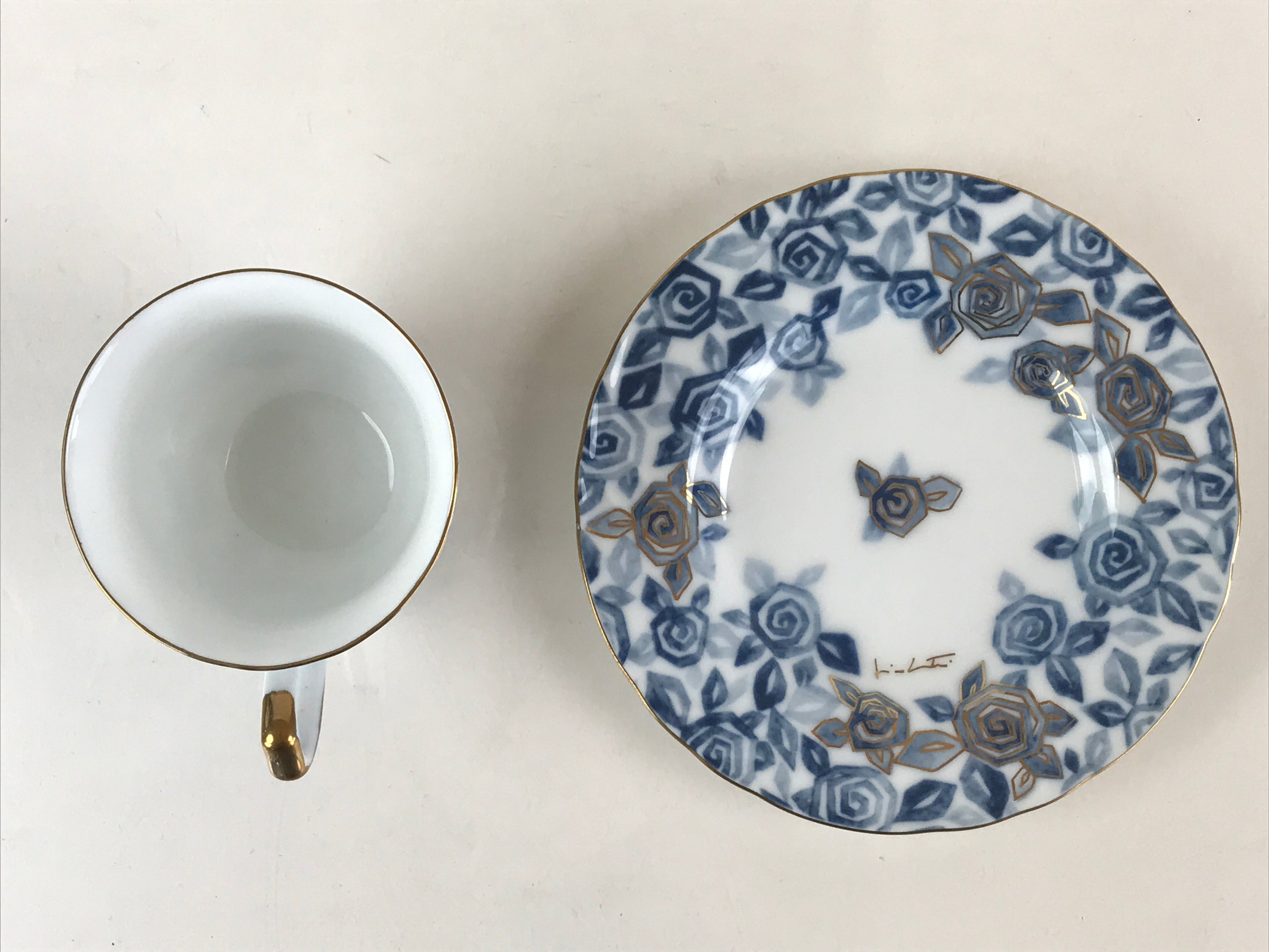 Japanese Porcelain Teacup Mug Saucer Set Vtg Tachikichi Inc Japan Blue Flower PY