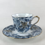 Japanese Porcelain Teacup Mug Saucer Set Vtg Tachikichi Inc Japan Blue Flower PY