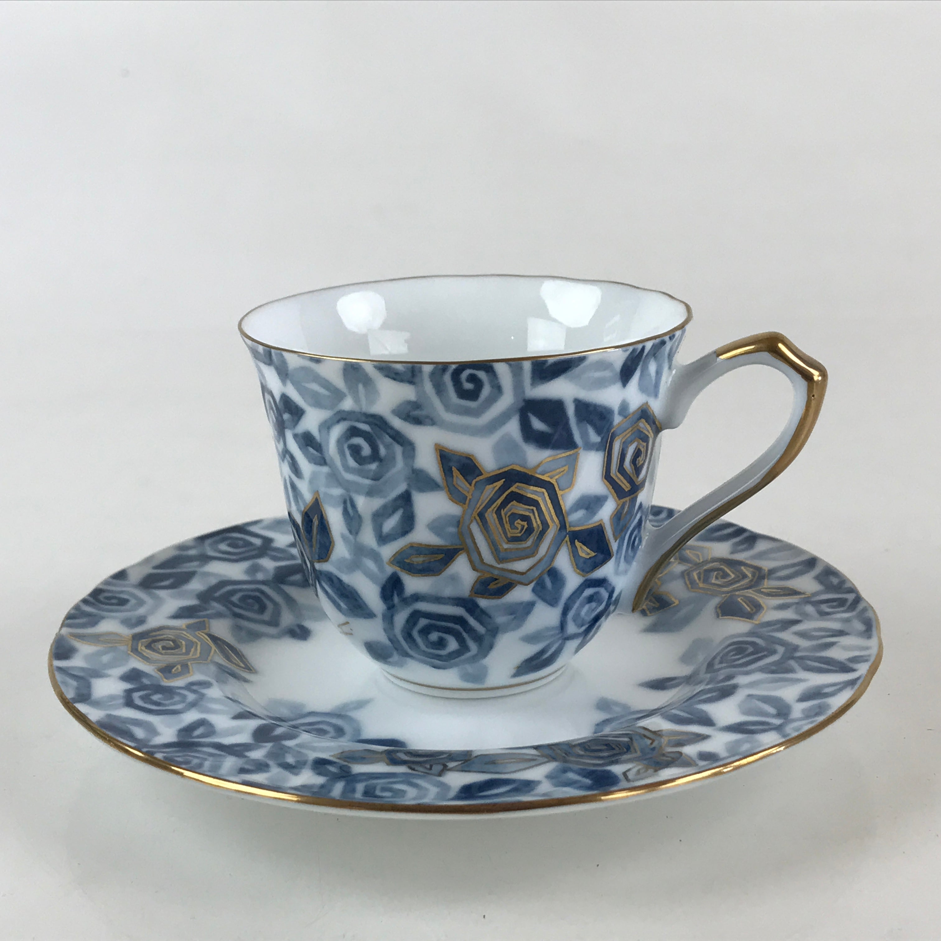 Japanese Porcelain Teacup Mug Saucer Set Vtg Tachikichi Inc Japan Blue Flower PY