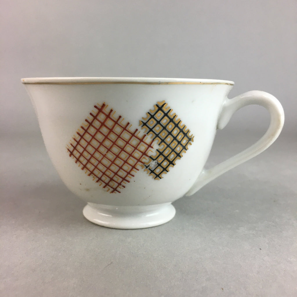 Japanese Porcelain Teacup Mug Saucer Vtg Yunomi Plate Set Plaid PP310