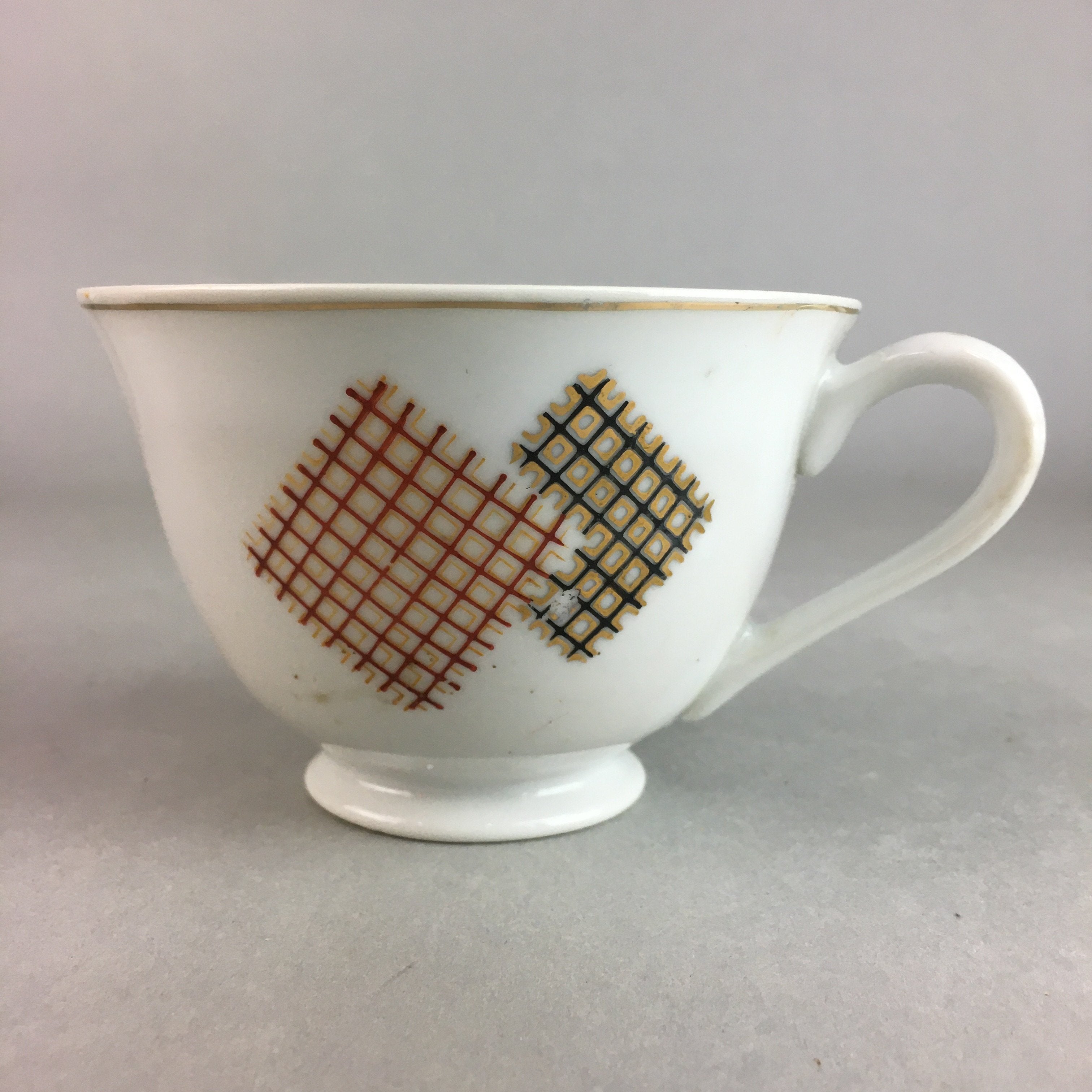 Japanese Porcelain Teacup Mug Saucer Vtg Yunomi Plate Set Plaid PP310