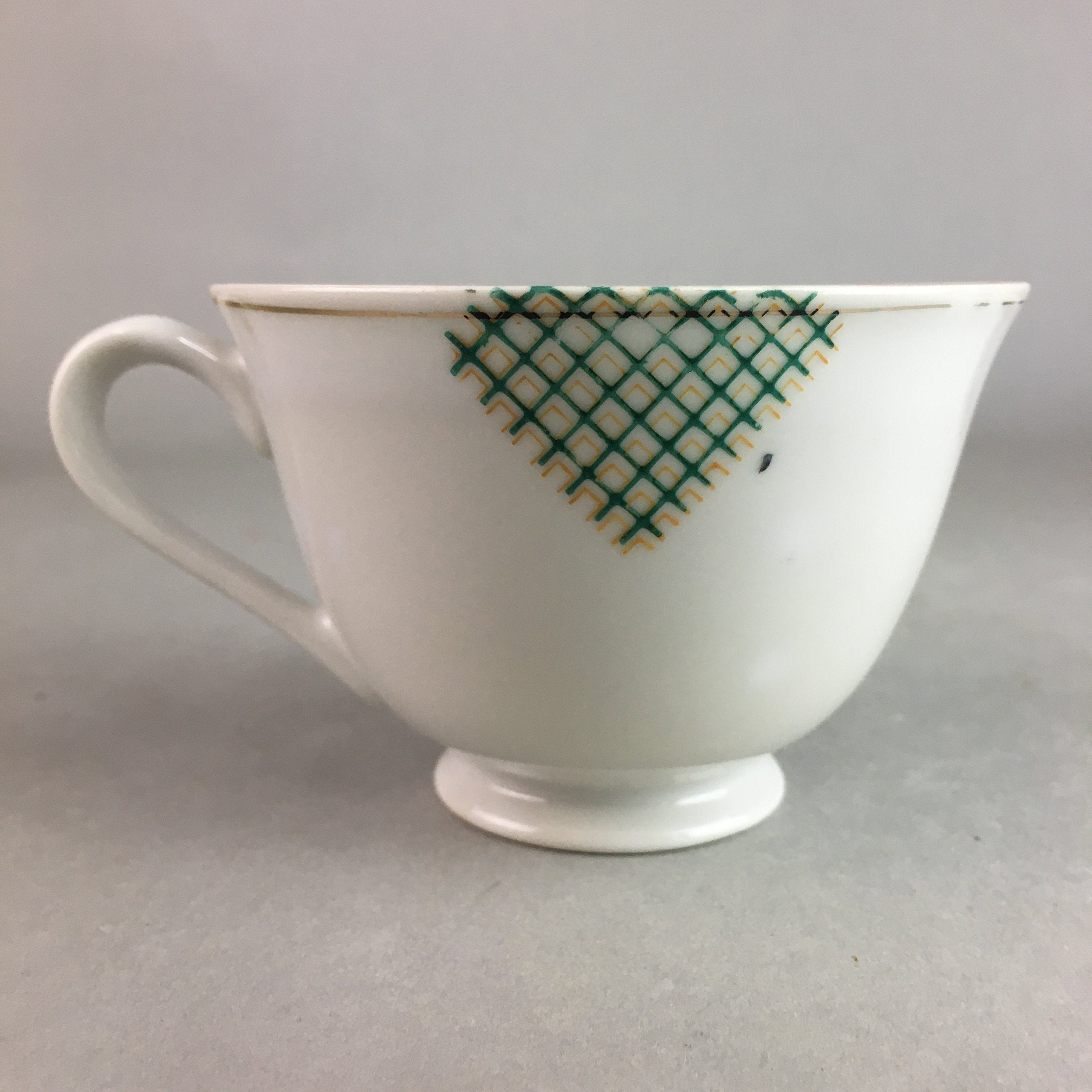 Japanese Porcelain Teacup Mug Saucer Vtg Yunomi Plate Set Plaid PP310