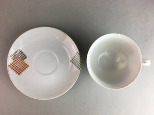 Japanese Porcelain Teacup Mug Saucer Vtg Yunomi Plate Set Plaid PP310