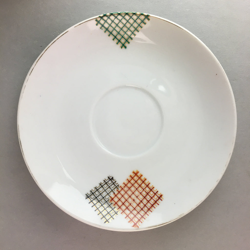 Japanese Porcelain Teacup Mug Saucer Vtg Yunomi Plate Set Plaid PP310