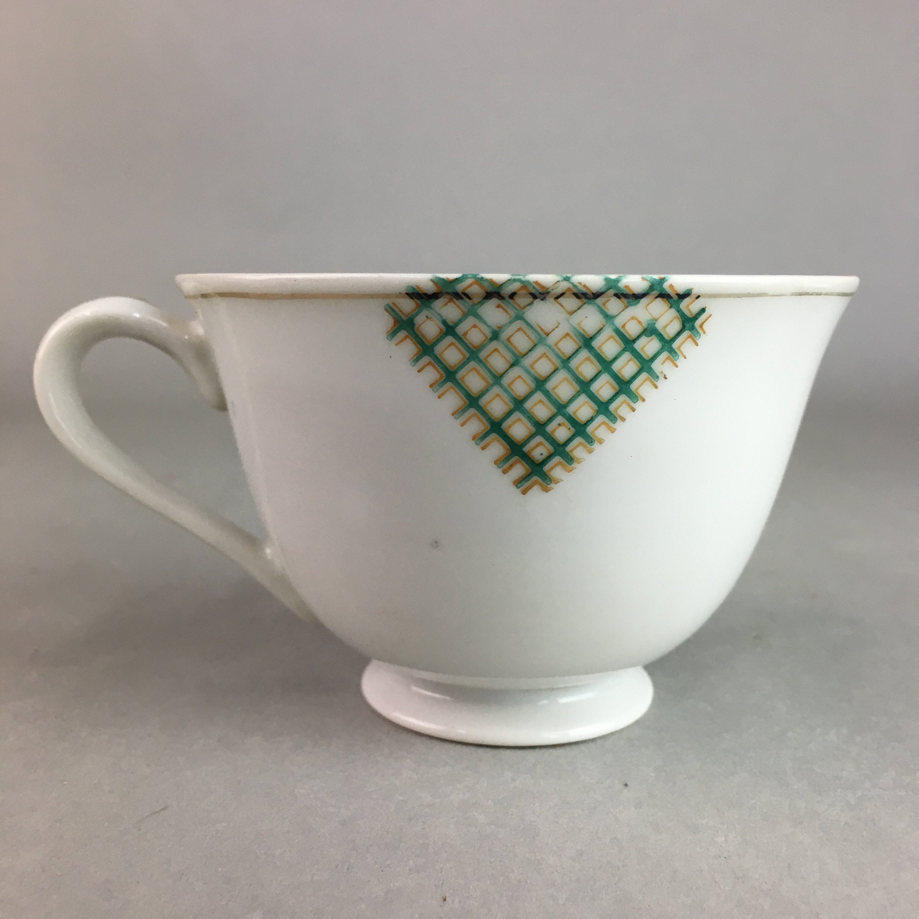 Japanese Porcelain Teacup Mug Saucer Vtg Yunomi Plate Set Plaid PP311