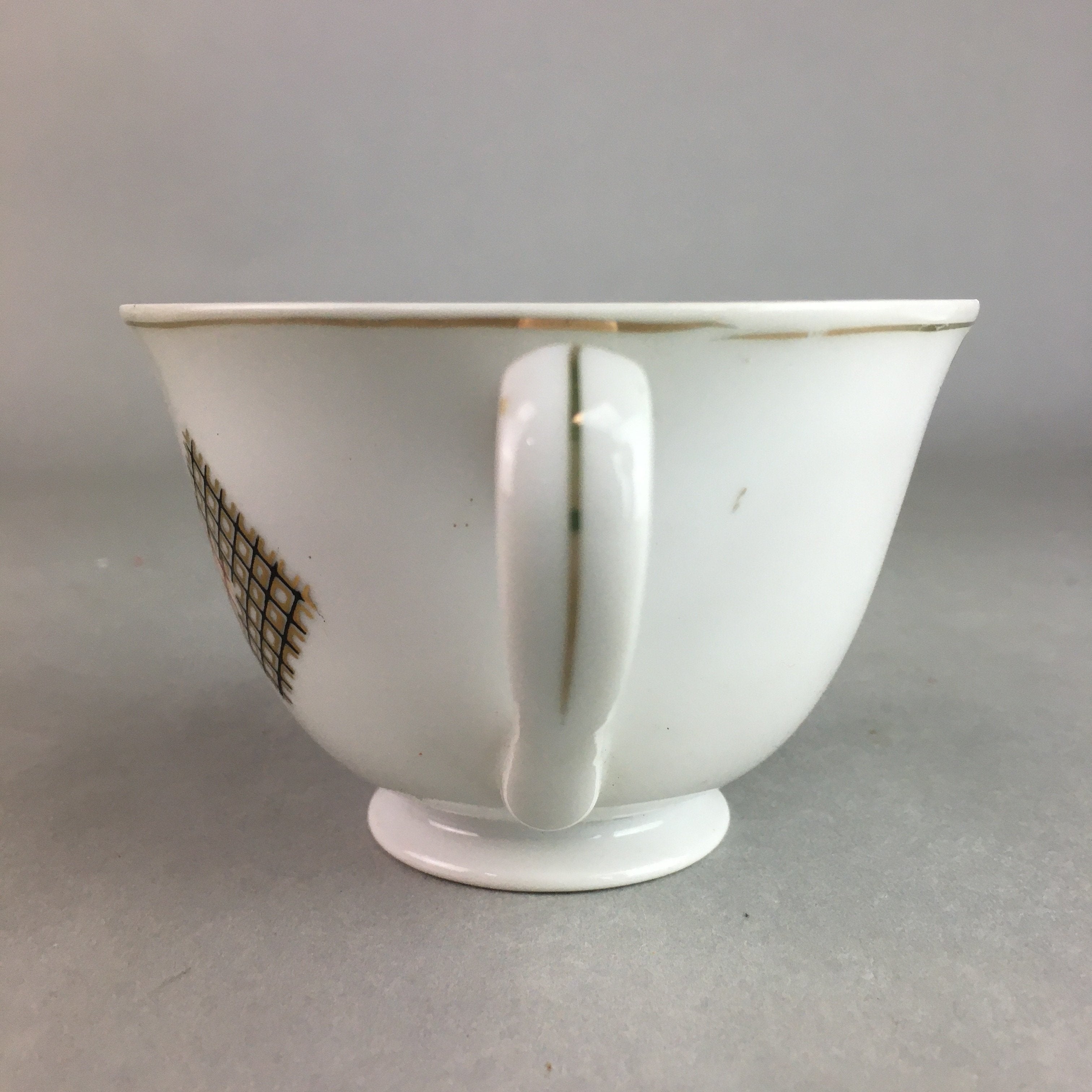Japanese Porcelain Teacup Mug Saucer Vtg Yunomi Plate Set Plaid PP311