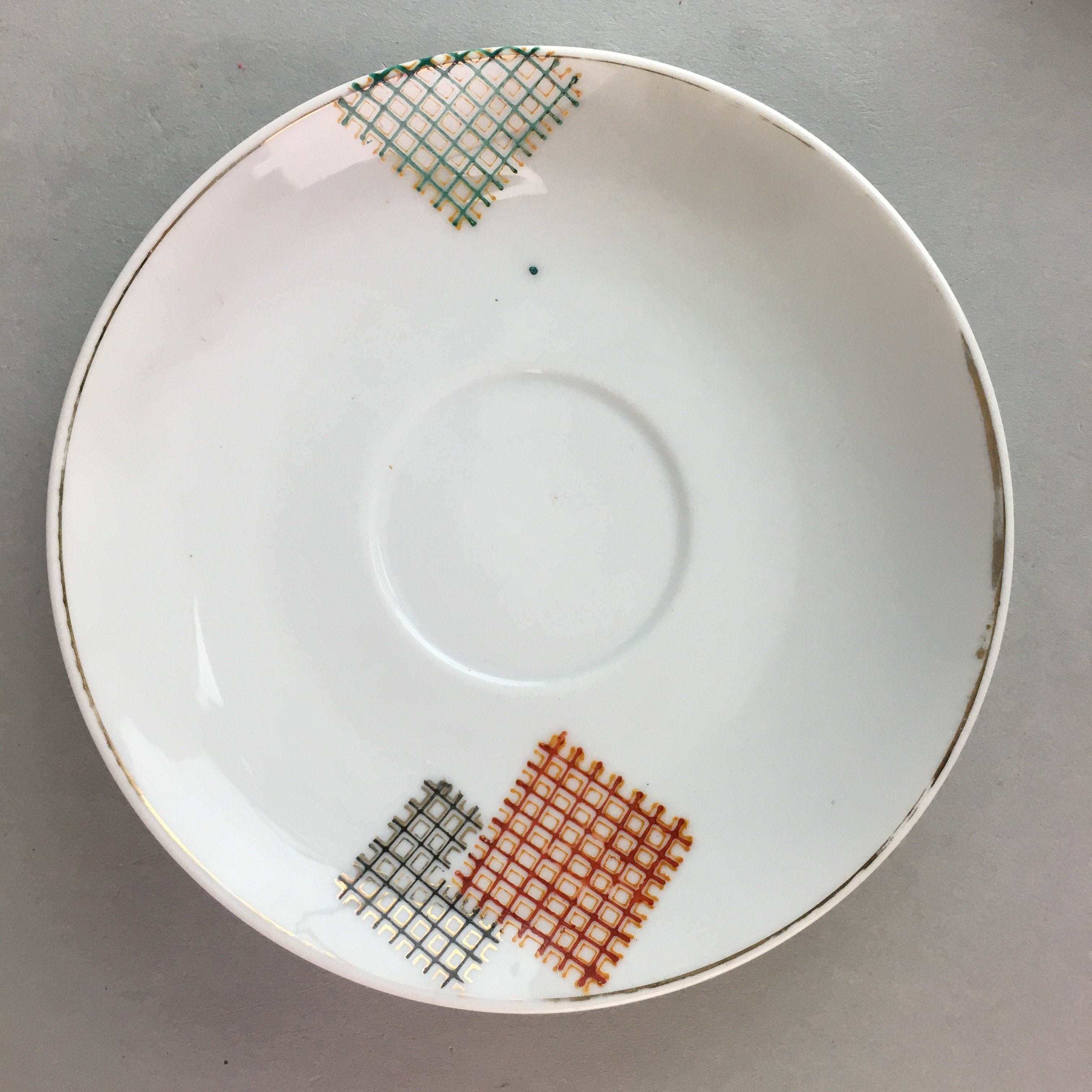 Japanese Porcelain Teacup Mug Saucer Vtg Yunomi Plate Set Plaid PP311