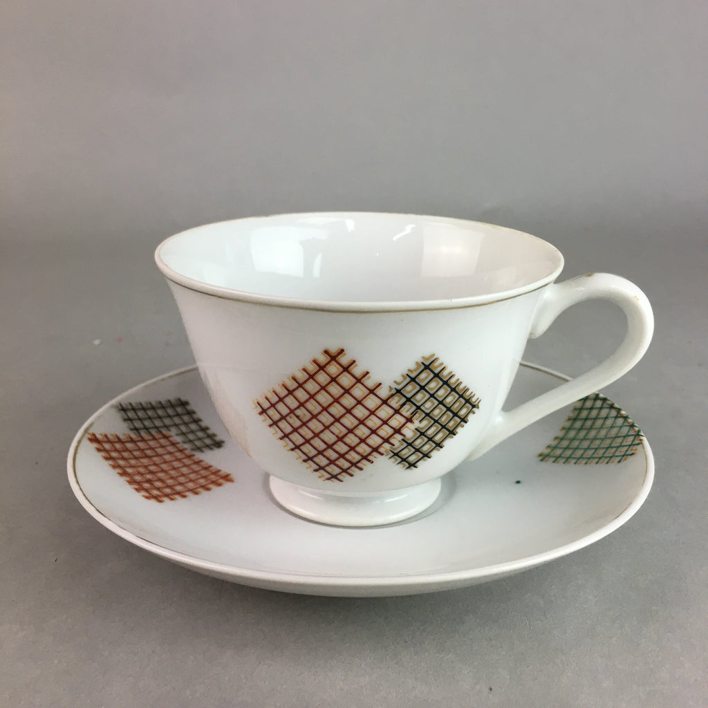 Japanese Porcelain Teacup Mug Saucer Vtg Yunomi Plate Set Plaid PP311