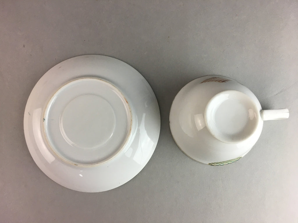 Japanese Porcelain Teacup Mug Saucer Vtg Yunomi Plate Set Plaid PP312
